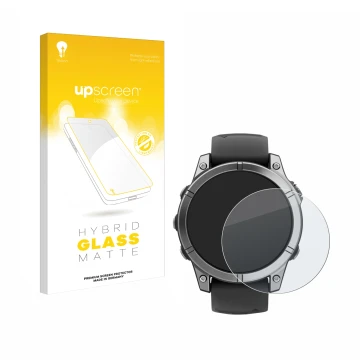 Front side of a product packaging with the brand logo upscreen. Next to it is the device Garmin Fenix E shown with the corresp