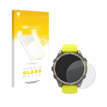 Front side of a product packaging with the brand logo upscreen. Next to it is the device Garmin Fenix 8 Solar (47 mm) shown wi