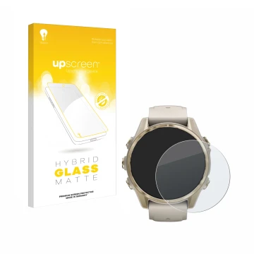 Front side of a product packaging with the brand logo upscreen. Next to it is the device Garmin Fenix 8 (43 mm) shown with the