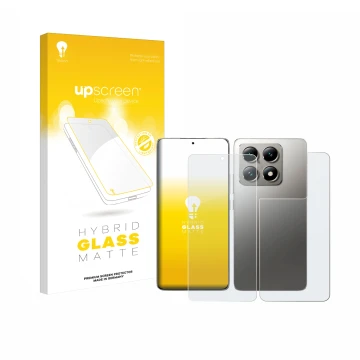 Front side of a product packaging with the brand logo upscreen. Next to it is the device Xiaomi 14T Pro (Front+Back) shown wit