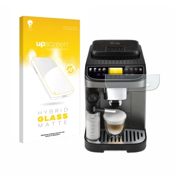Front side of a product packaging with the brand logo upscreen. Next to it is the device DeLonghi Magnifica Evo Next shown wit