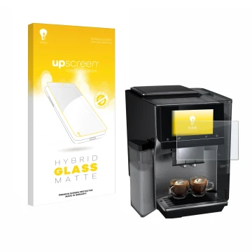 Front side of a product packaging with the brand logo upscreen. Next to it is the device Siemens EQ700 shown with the correspo