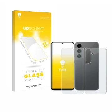 Front side of a product packaging with the brand logo upscreen. Next to it is the device Samsung Galaxy S24 FE (Front+Back) sh