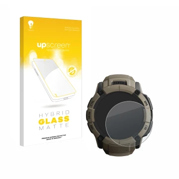 Front side of a product packaging with the brand logo upscreen. Next to it is the device Garmin Instinct 2X Solar Tactical Edi