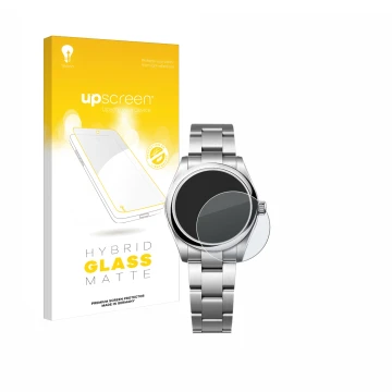 Front side of a product packaging with the brand logo upscreen. Next to it is the device Rolex Oyster Perpetual 31 shown with 