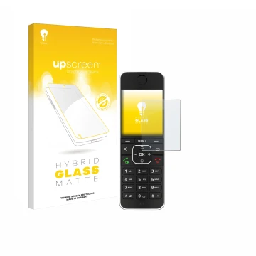 Front side of a product packaging with the brand logo upscreen. Next to it is the device AVM Fritz!Fon C6 Black shown with the