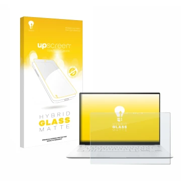 Front side of a product packaging with the brand logo upscreen. Next to it is the device ASUS ZenBook S 14 UX5406 shown with t