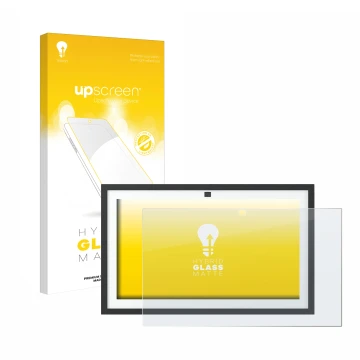 Front side of a product packaging with the brand logo upscreen. Next to it is the device Amazon Echo Show 15 2024 shown with t