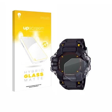 Front side of a product packaging with the brand logo upscreen. Next to it is the device Casio G-Shock GPR-H 1000 shown with t