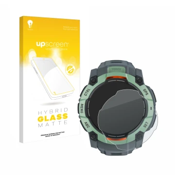 Front side of a product packaging with the brand logo upscreen. Next to it is the device Garmin Instinct 3 AMOLED (45 mm) show