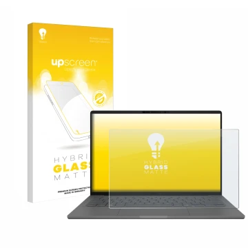 Front side of a product packaging with the brand logo upscreen. Next to it is the device ASUS ZenBook A14 UX3407 shown with th