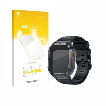 Front side of a product packaging with the brand logo upscreen. Next to it is the device bedee Smartwatch 1.96