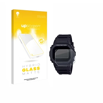 Front side of a product packaging with the brand logo upscreen. Next to it is the device Casio G-Shock DW-5600RL-1 shown with 