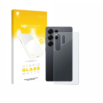 Front side of a product packaging with the brand logo upscreen. Next to it is the device Samsung Galaxy S25 Ultra (Back) shown