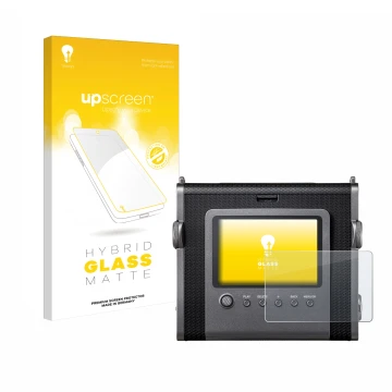 Front side of a product packaging with the brand logo upscreen. Next to it is the device Fujifilm Instax Wide Evo shown with t
