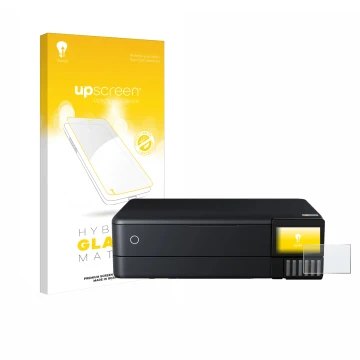Front side of a product packaging with the brand logo upscreen. Next to it is the device Epson EcoTank ET-8550 shown with the 