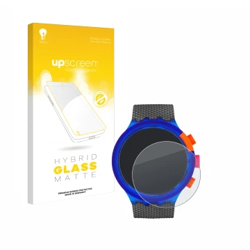 Front side of a product packaging with the brand logo upscreen. Next to it is the device Swatch Neon Party shown with the corr