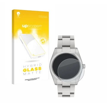 Front side of a product packaging with the brand logo upscreen. Next to it is the device Rolex Oyster Perpetual 34 shown with 