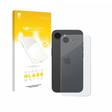 Front side of a product packaging with the brand logo upscreen. Next to it is the device Apple iPhone 16e (Back) shown with th
