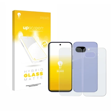 Front side of a product packaging with the brand logo upscreen. Next to it is the device Google Pixel 9a (Front+Back) shown wi