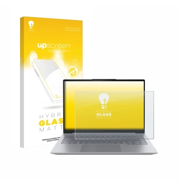 Front side of a product packaging with the brand logo upscreen. Next to it is the device Lenovo ThinkBook 14 Gen 8 shown with 