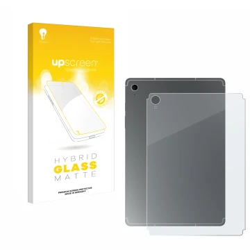 Front side of a product packaging with the brand logo upscreen. Next to it is the device Samsung Galaxy Tab S10 FE (Back) show