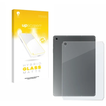 Front side of a product packaging with the brand logo upscreen. Next to it is the device Samsung Galaxy Tab S10 FE+ (Back) sho