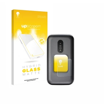 Front side of a product packaging with the brand logo upscreen. Next to it is the device Doro 2880 (Outer display) shown with 