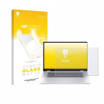 Front side of a product packaging with the brand logo upscreen. Next to it is the device HP OmniBook X Flip 16-aX shown with t