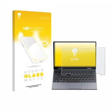 Front side of a product packaging with the brand logo upscreen. Next to it is the device Chuwi MiniBook X N150 shown with the 