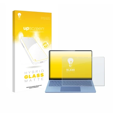 Front side of a product packaging with the brand logo upscreen. Next to it is the device Microsoft Surface Laptop 13.8