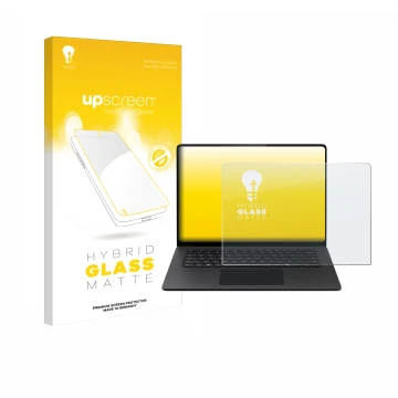 Front side of a product packaging with the brand logo upscreen. Next to it is the device Microsoft Surface Laptop 15
