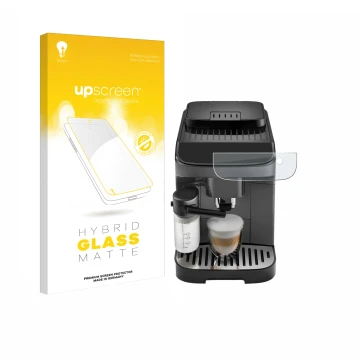 Front side of a product packaging with the brand logo upscreen. Next to it is the device DeLonghi Magnifica Evo shown with the