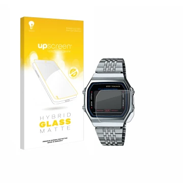 Front side of a product packaging with the brand logo upscreen. Next to it is the device Casio iconic ABL-100WE-1A shown with 