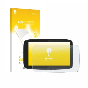 Front side of a product packaging with the brand logo upscreen. Next to it is the device TomTom GO Camper Tour shown with the 