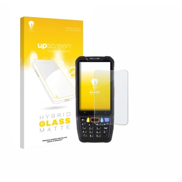 Front side of a product packaging with the brand logo upscreen. Next to it is the device Point Mobile PM68 shown with the corr