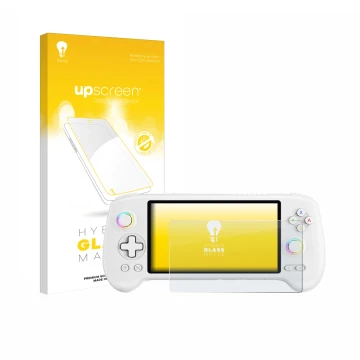 Front side of a product packaging with the brand logo upscreen. Next to it is the device Anbernic RG557 shown with the corresp