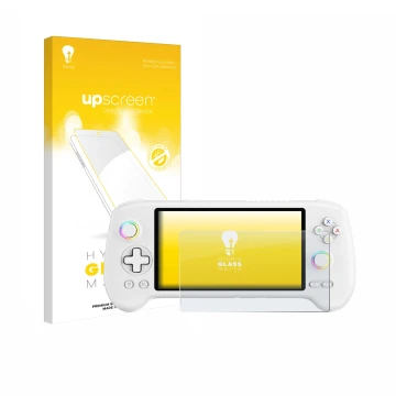 Front side of a product packaging with the brand logo upscreen. Next to it is the device Anbernic RG556 shown with the corresp