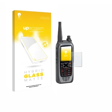 Front side of a product packaging with the brand logo upscreen. Next to it is the device Icom IC-A25NE /IC-A25CE shown with th