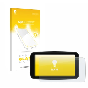 Front side of a product packaging with the brand logo upscreen. Next to it is the device TomTom GO Classic 5