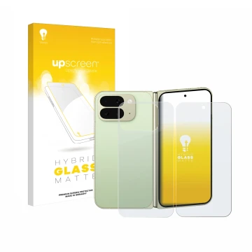 Front side of a product packaging with the brand logo upscreen. Next to it is the device Google Pixel 10 Pro Fold (Front+Back)