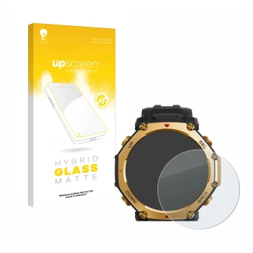 Front side of a product packaging with the brand logo upscreen. Next to it is the device Huami Amazfit T-Rex 3 Pro (48 mm) sho