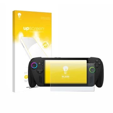 Front side of a product packaging with the brand logo upscreen. Next to it is the device ASUS ROG Xbox Ally X shown with the c