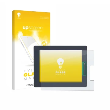 Front side of a product packaging with the brand logo upscreen. Next to it is the device Schneider-electric HMIDT542 shown wit