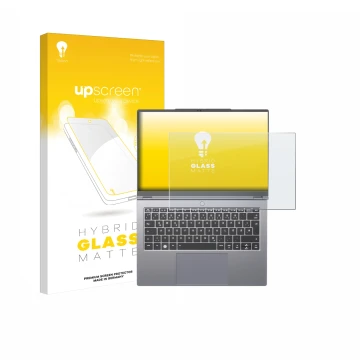 Front side of a product packaging with the brand logo upscreen. Next to it is the device Tuxedo InfinityBook Pro 14 Gen 10 sho