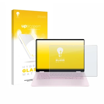 Front side of a product packaging with the brand logo upscreen. Next to it is the device HP OmniBook 5 Flip 14 14-fp0153ng sho