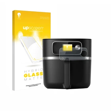 Front side of a product packaging with the brand logo upscreen. Next to it is the device Philips Airfryer HD9880/90 shown with