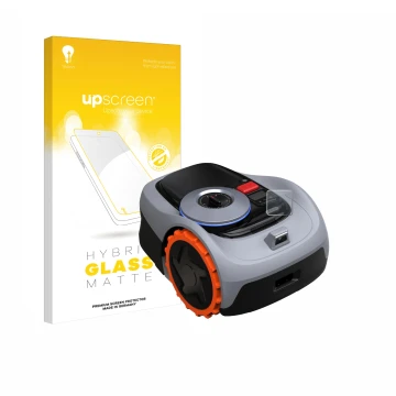 Front side of a product packaging with the brand logo upscreen. Next to it is the device Navimow i105E+ shown with the corresp