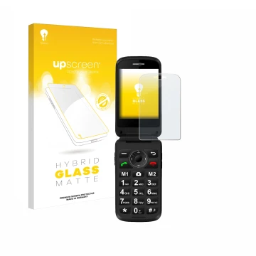 Front side of a product packaging with the brand logo upscreen. Next to it is the device Simvalley Mobile XL-970 shown with th