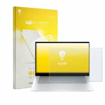 Front side of a product packaging with the brand logo upscreen. Next to it is the device HP OmniBook X 17-de0776ngx shown with